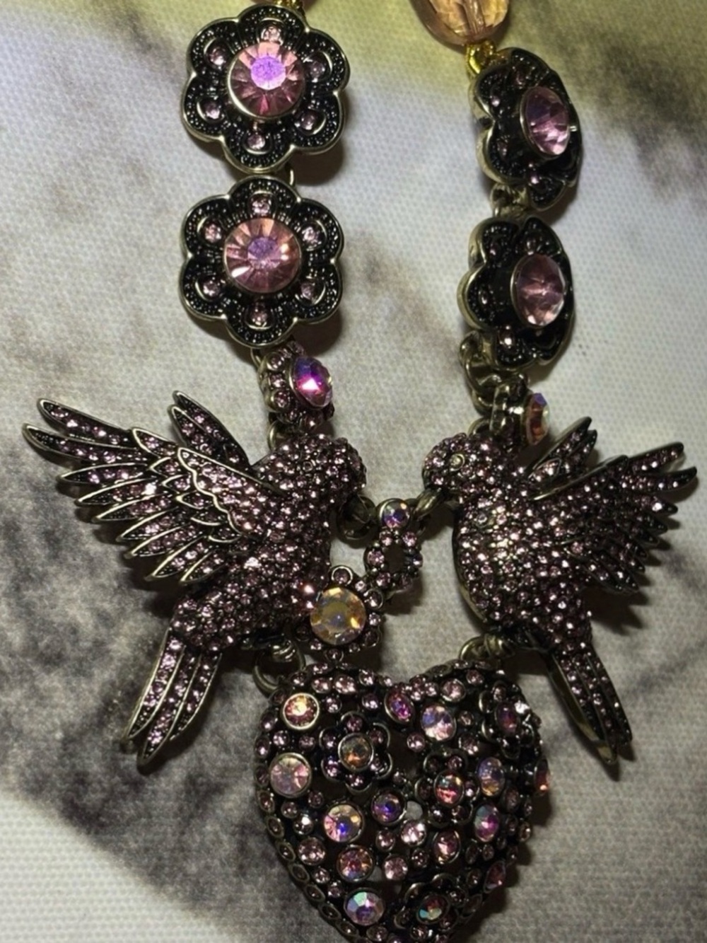 Fanstar Pink Crystal Heart & Bird Pendant Necklace and earrings set -